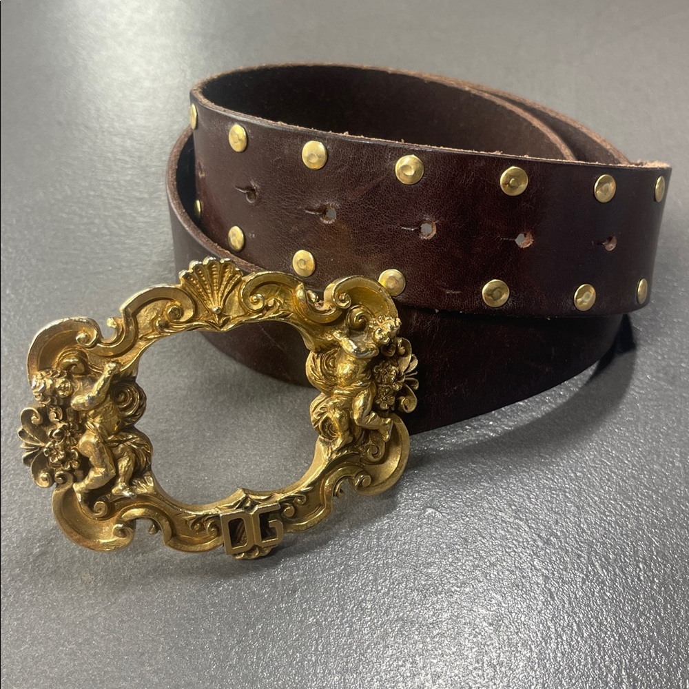 Vintage Dolce & Gabbana Gold Angel DG Buckle Leather Belt Brown Gold 38 inch